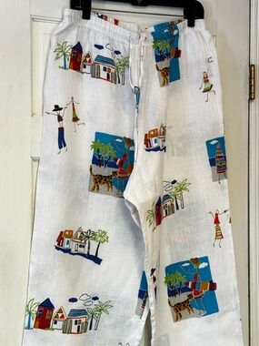 Hot Cotton Cream Wide-Leg Pants with Turquoise and Green Palm Print